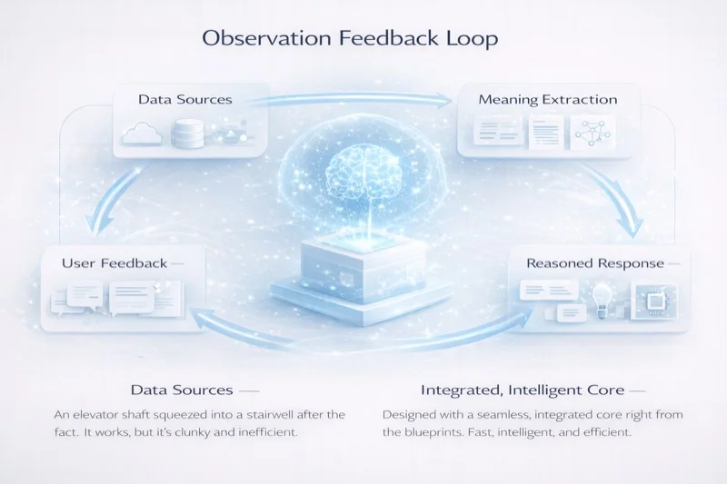 Observation feedback loop — data sources, meaning extraction, reasoned response, and user feedback cycling through an integrated intelligent core